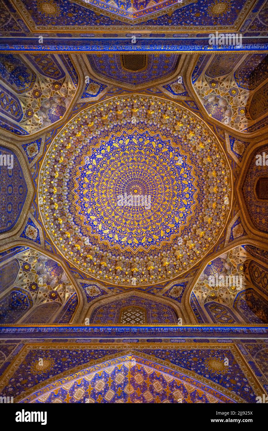Interior of Tilya Kori Mosque and Madrasah located in Registan Square, in Samarkand, Uzbekistan Stock Photo