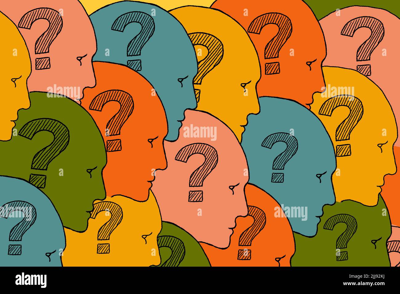 Human faces with question marks inside. FAQ. Frequently Asked Questions. Stock Photo