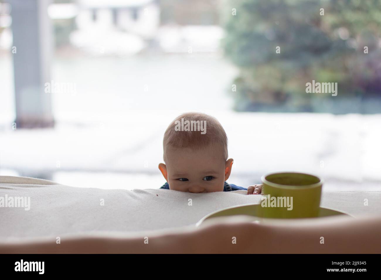 Cute toddler biting edge of parents bed, teething and exploring curiously focused on cup of coffee Stock Photo