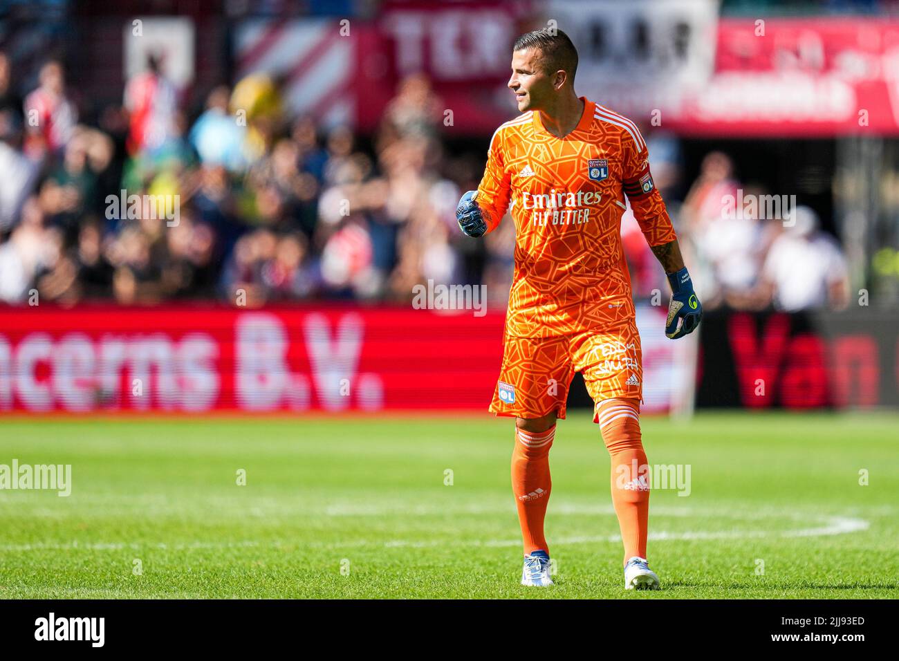 Rotterdam, Netherlands. 24 July 2022, Rotterdam - Olympique Lyon keeper Anthony Lopes celebrates the 0-1 during the match between Feyenoord v Olympique Lyon at Stadion Feijenoord De Kuip on 24 July 2022 in Rotterdam, Netherlands. (Box to Box Pictures/Yannick Verhoeven) Stock Photo