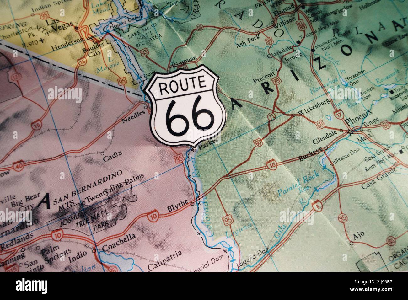 Vintage Road Map Route 66 Still Life Route 66 Shield Pin On A Highway Map Of Western States 2022 Usa 2JJ96B7 