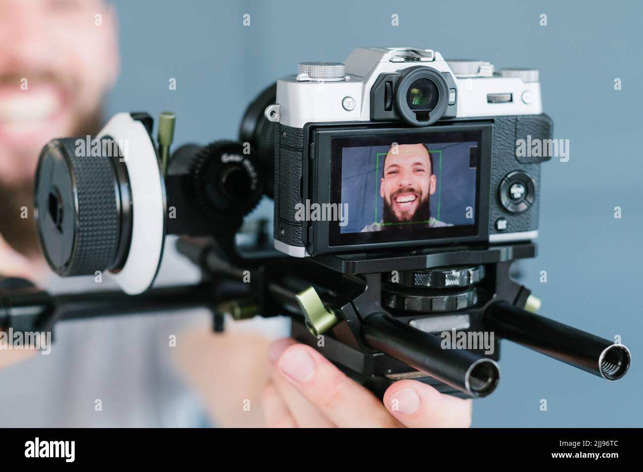 blogger video streaming man communicating camera Stock Photo