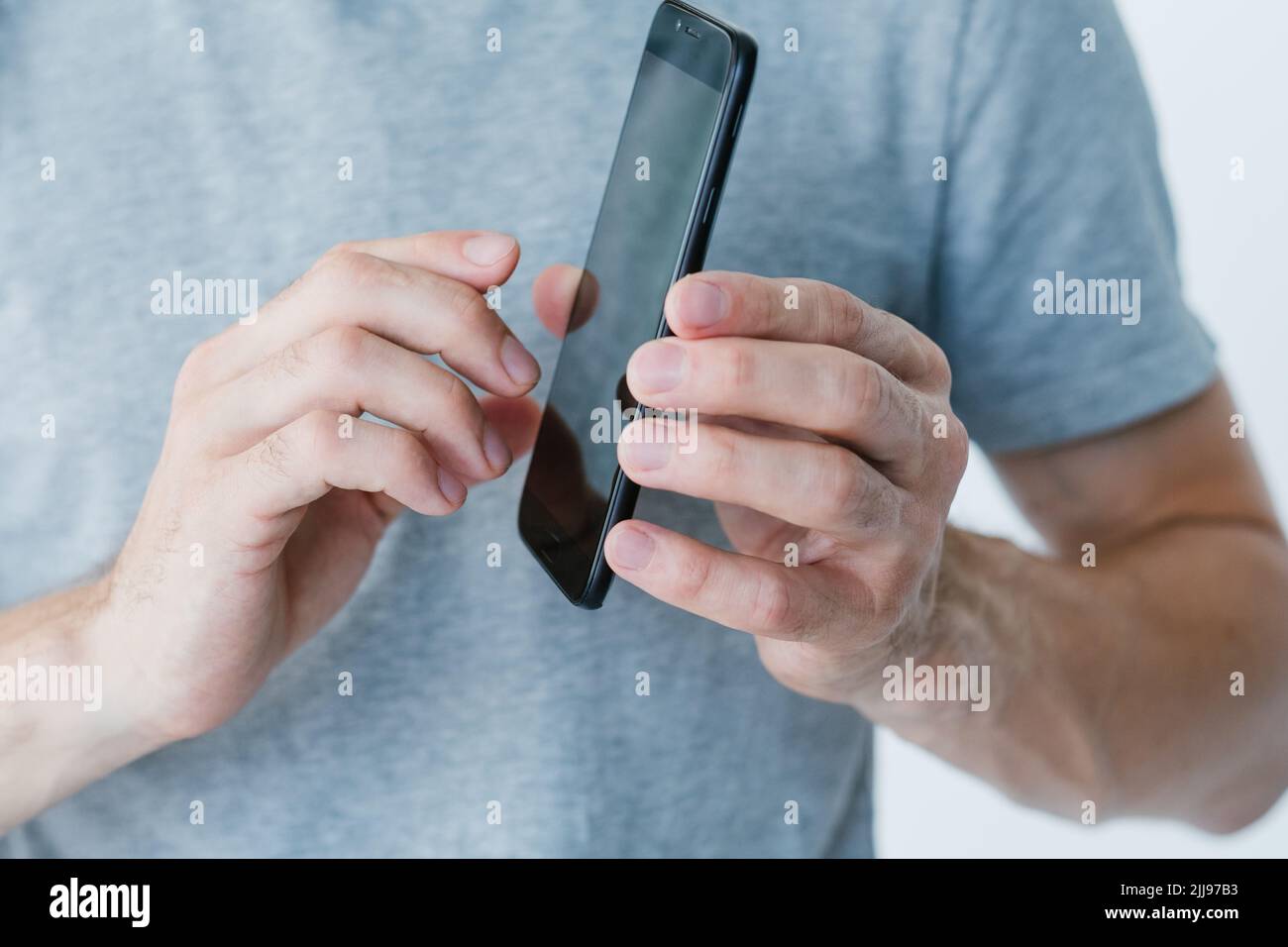 online product review test blog man mobile phone Stock Photo