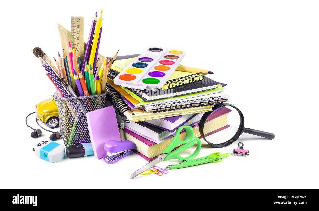 School supplies isolated on a white background Stock Photo