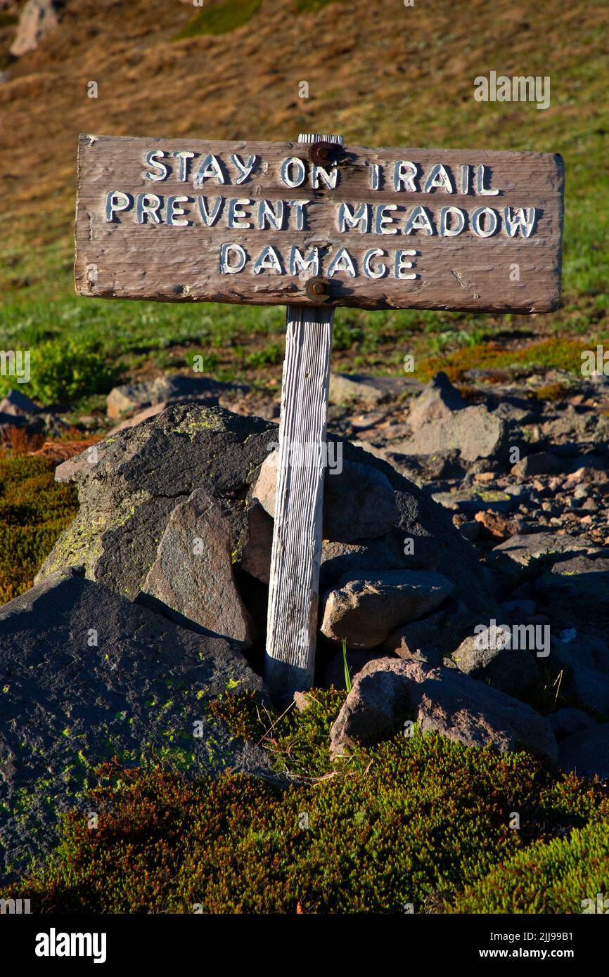 Meadow sign along Wonderland Trail, Mt Rainier National Park, Washington Stock Photo