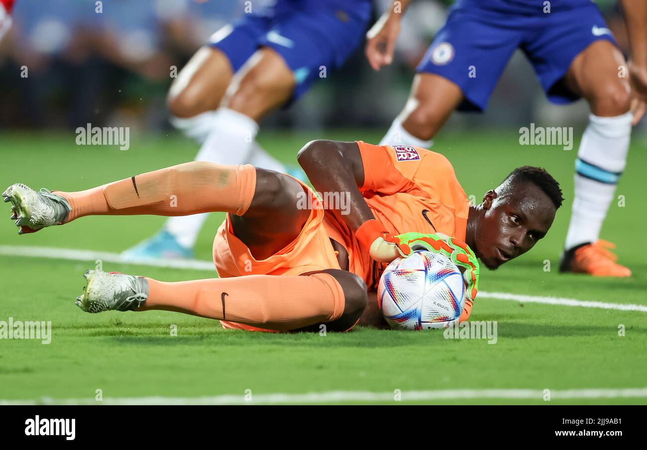 July 23, 2022: Chelsea goalkeeper Ã‰DOUARD MENDY (16) makes a save during  the Florida Cup Series Arsenal vs Chelsea FC soccer match at Camping World  Stadium in Orlando, Fl on July 23,