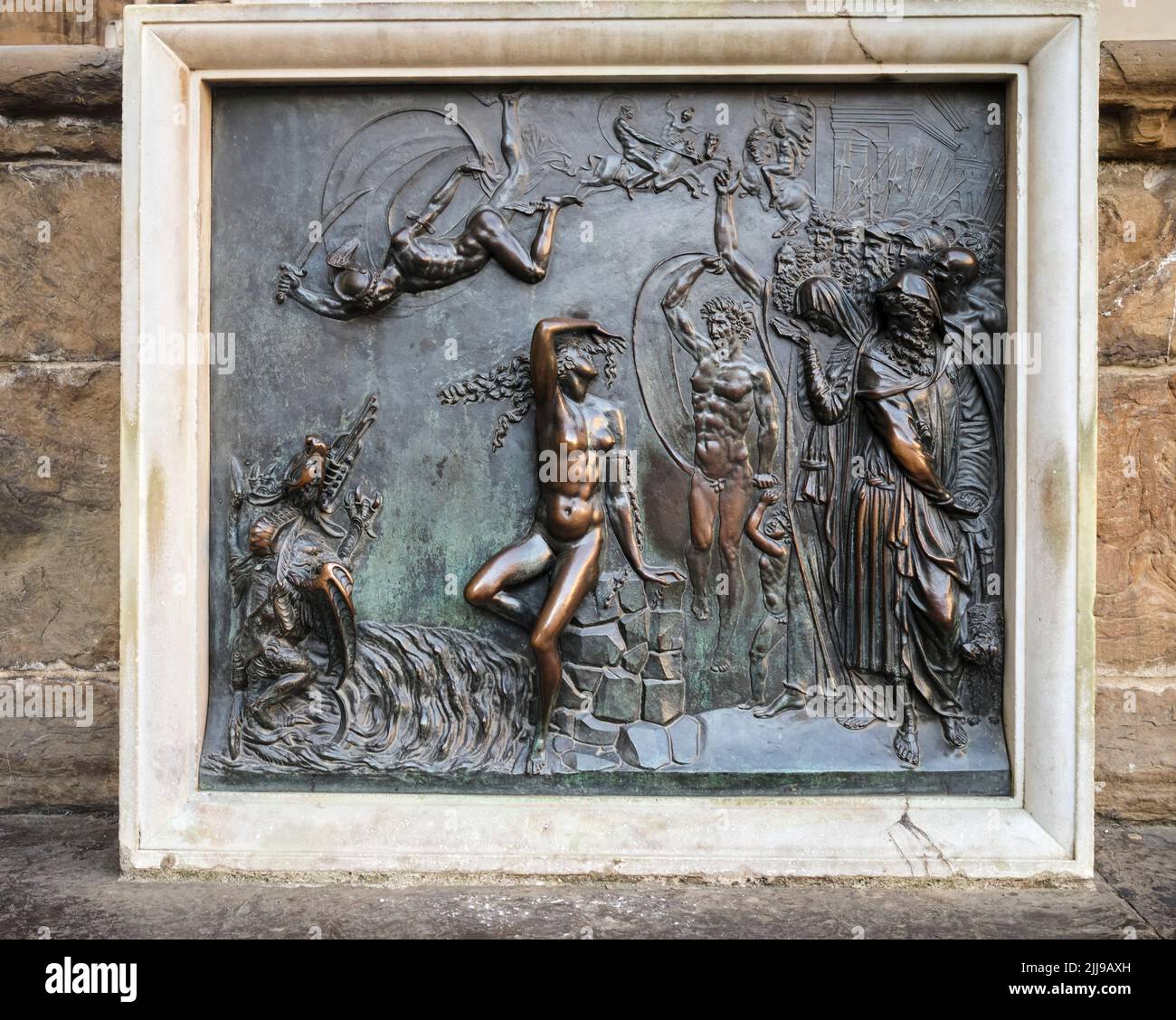 Plinth detail of Giambolognas 'The Rape of the Sabine Women' Sculpture  Loggia dei Lanzi Florence Italy Stock Photo