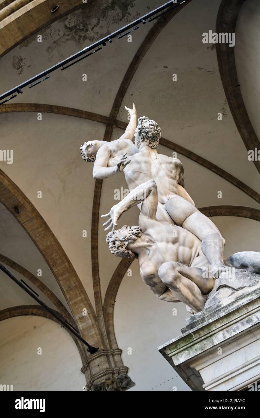 The Rape of the Sabine Women by Giambologna sculpture in the Loggia dei Lanzi Piazza della Signoria Florence Italy Stock Photo