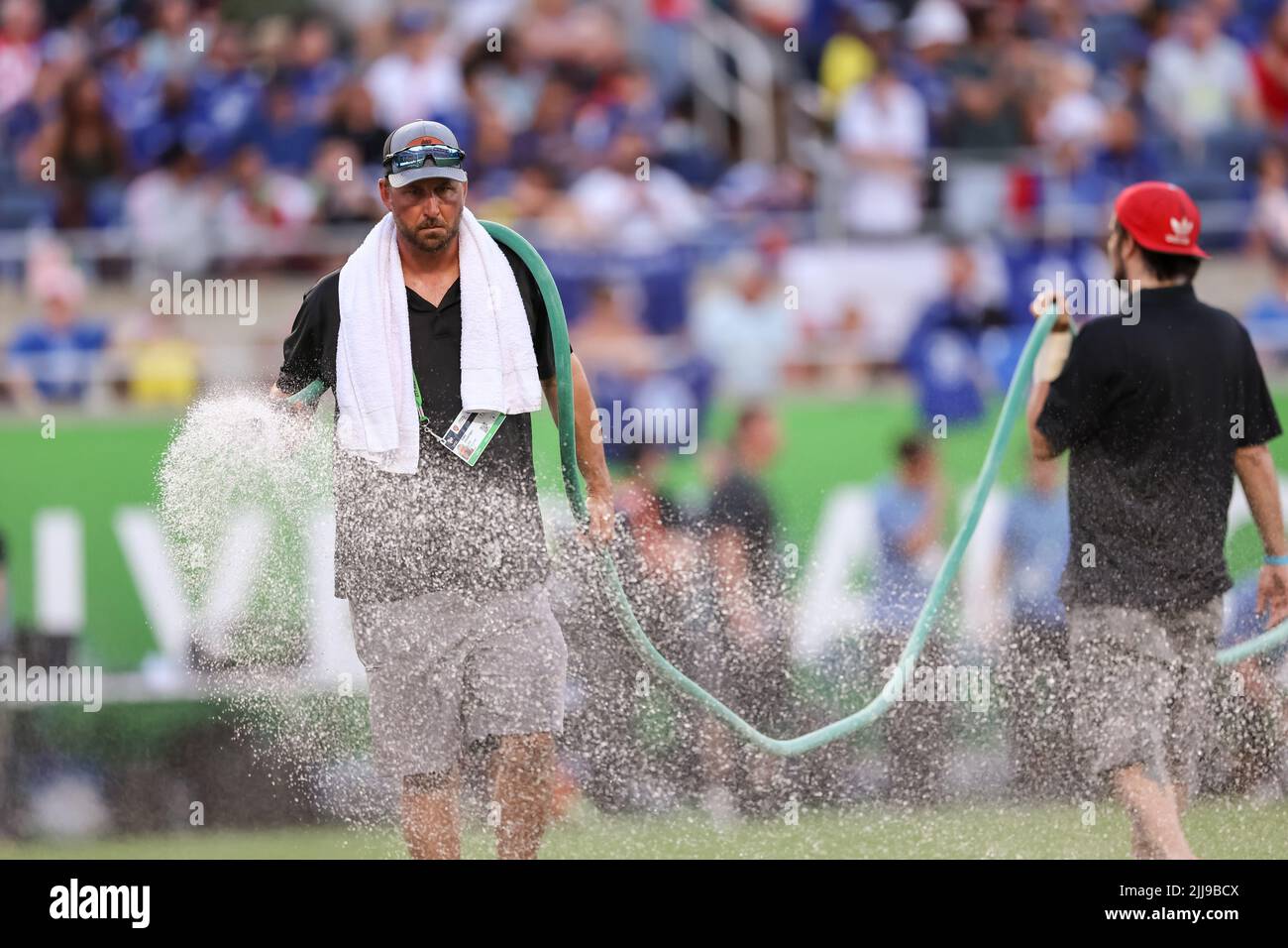 July 23, 2022: The field crew water the field before the match during the Florida Cup Series Arsenal vs Chelsea FC soccer match at Camping World Stadium in Orlando, Fl on July 23, 2022. (Credit Image: © Cory Knowlton/ZUMA Press Wire) Stock Photo
