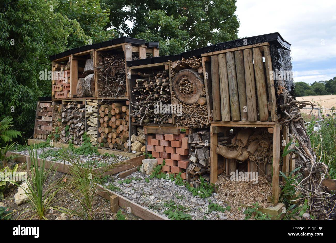 An insect hotel with hedgehog house beside the Old Stratford canal in Cosgrove, Northamptonshire. Stock Photo