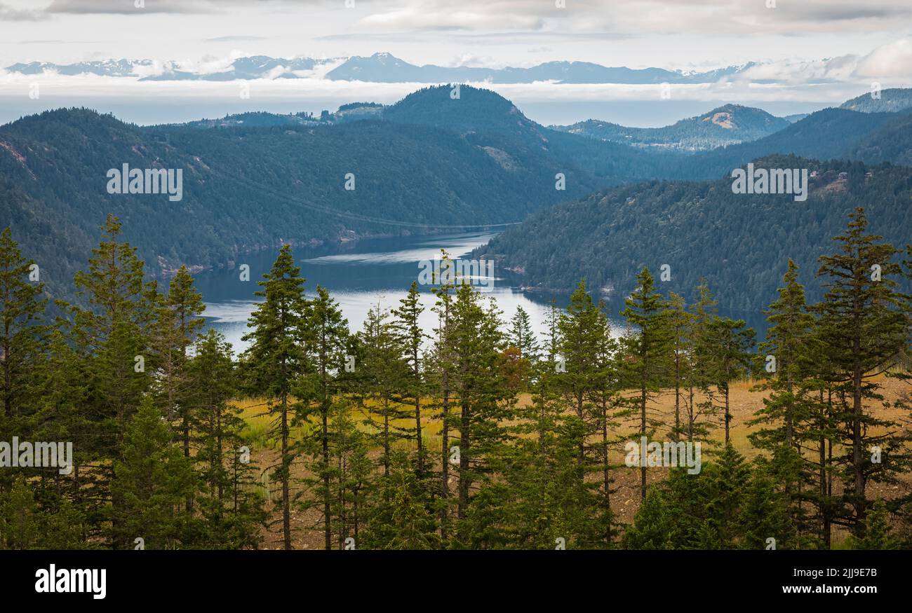 View of the Saanich inlet and gulf islands from the Malahat summit at ...