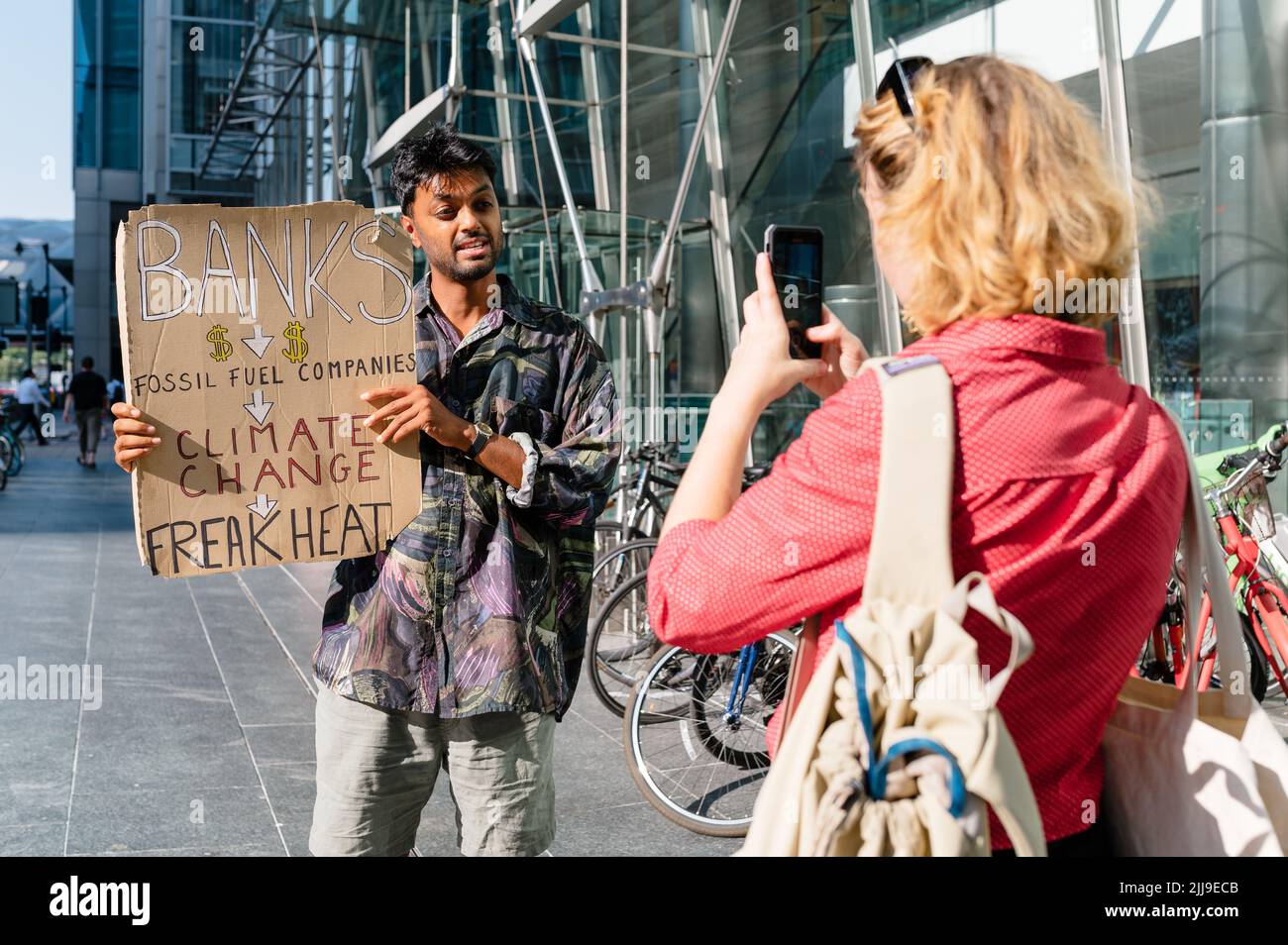 London, UK. 23 July 2022. Fossil Free London activist stage a protest