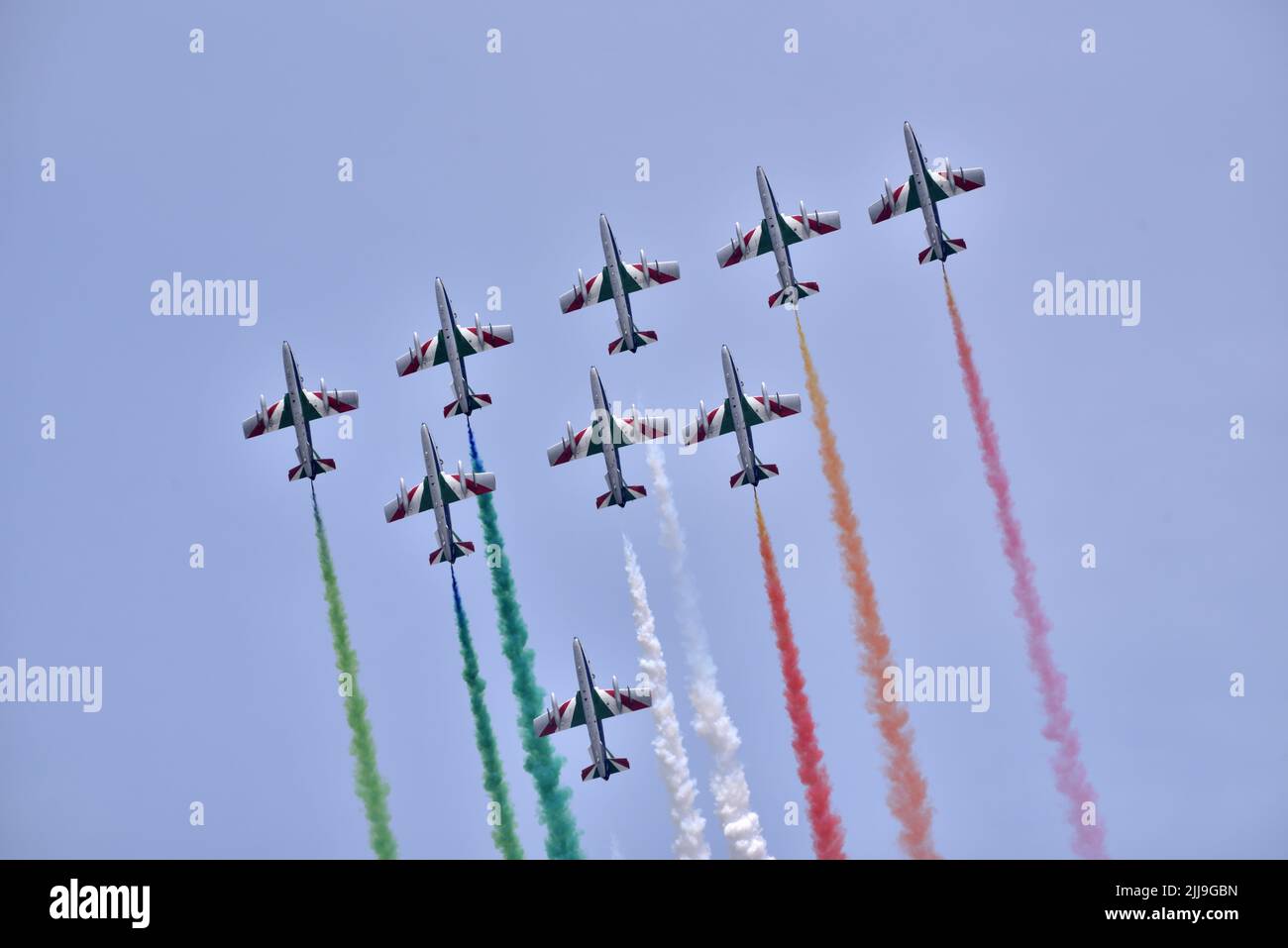 The aerobatic demonstration team of the Italian Air Force Frecce Tricolori performs at the Royal International Air Tattoo Fairford 2022 Stock Photo