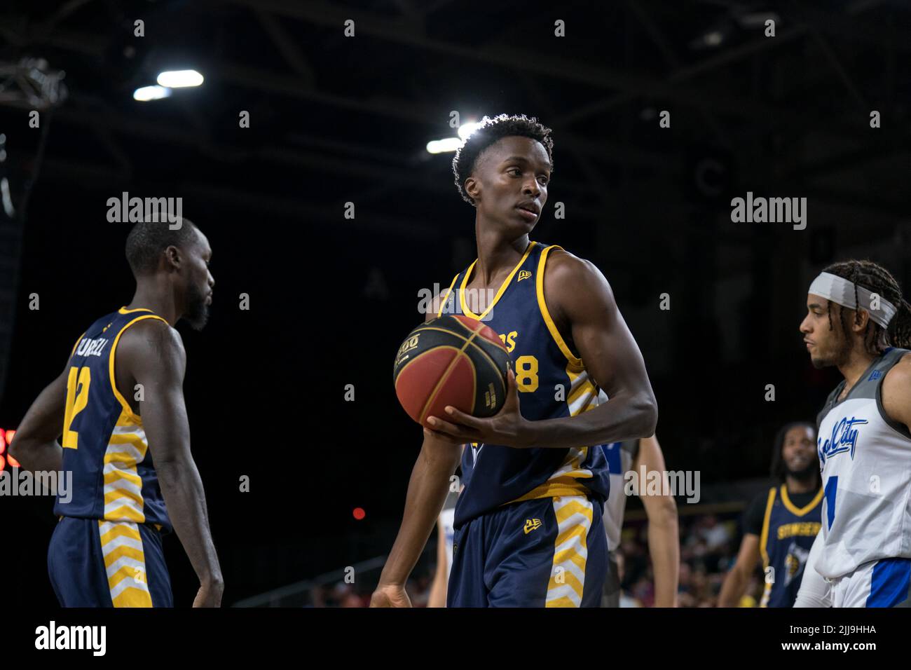 Edmonton, Alberta, Canada. 23rd July, 2022. NTORE HABLMANA (28) of the Edmonton Stingers in action during a regular season Cebl match up where the Edmonton Stingers hosted the Guelph Nighthawks at Edmonton Expo Centre in Edmonton, Alberta. (Credit Image: © Matthew Helfrich/ZUMA Press Wire) Stock Photo