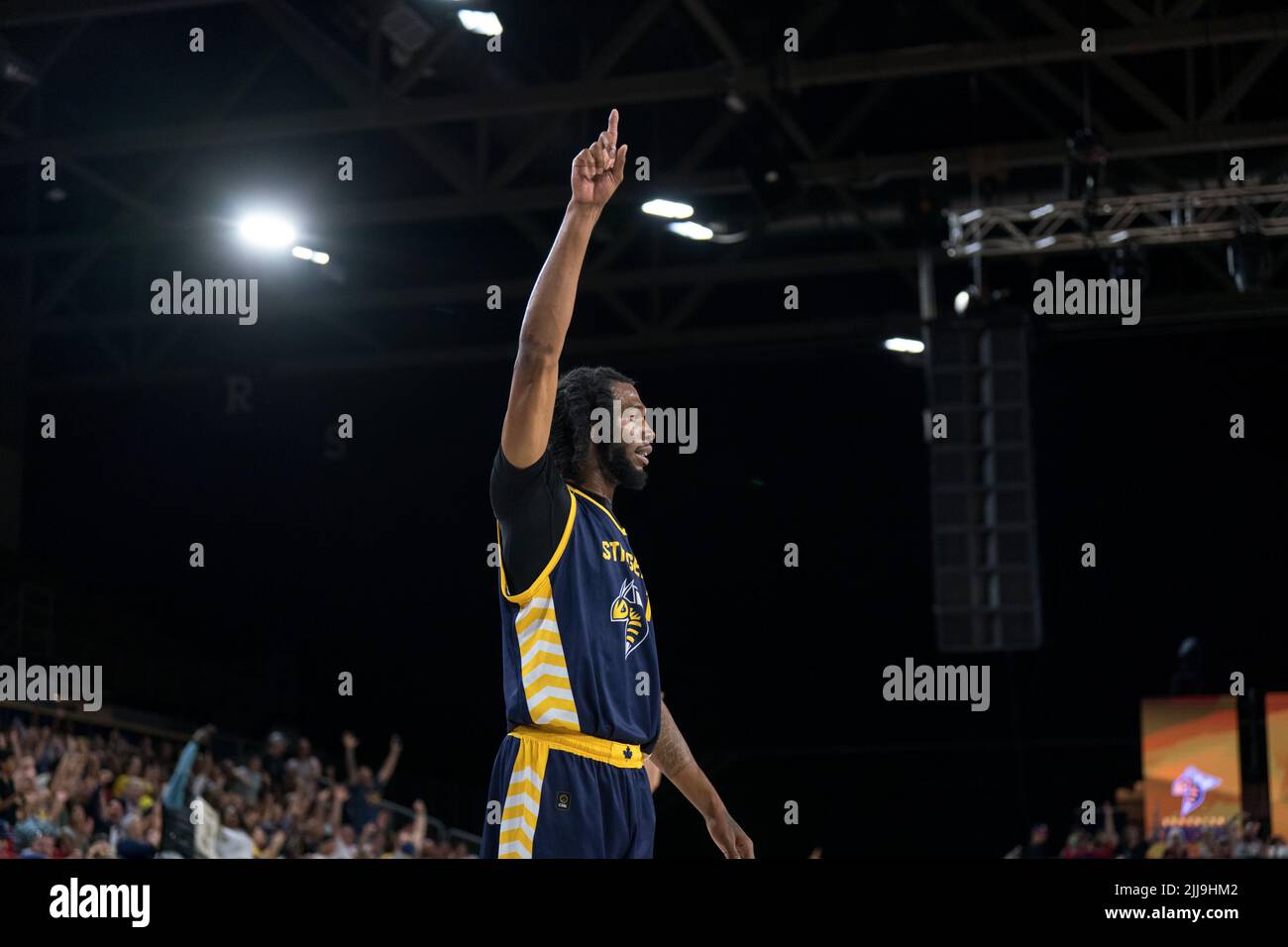 Edmonton, Alberta, Canada. 23rd July, 2022. MARLON JOHNSON (11) of the Edmonton Stingers reacts to the action during a regular season Cebl match up where the Edmonton Stingers hosted the Guelph Nighthawks at Edmonton Expo Centre in Edmonton, Alberta. (Credit Image: © Matthew Helfrich/ZUMA Press Wire) Stock Photo