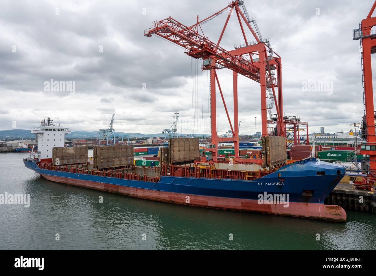 Dublin, Ireland July 7, 2022 A container ship getting unloaded in