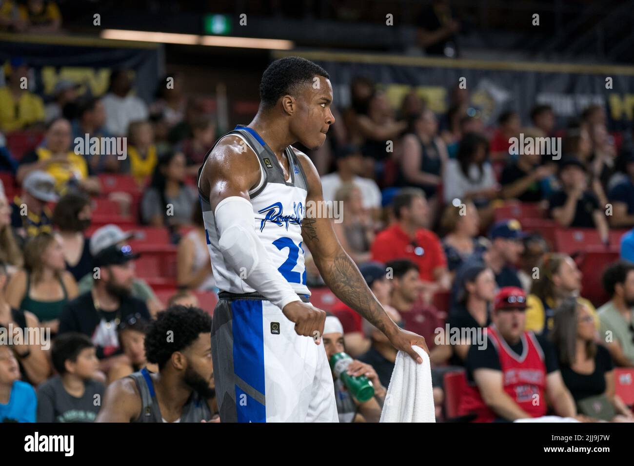 Edmonton, Alberta, Canada. 23rd July, 2022. STEF SMITH (22) of the Guelph Nighthawks reacts to the play during a regular season Cebl match up where the Edmonton Stingers hosted the Guelph Nighthawks at Edmonton Expo Centre in Edmonton, Alberta. (Credit Image: © Matthew Helfrich/ZUMA Press Wire) Stock Photo