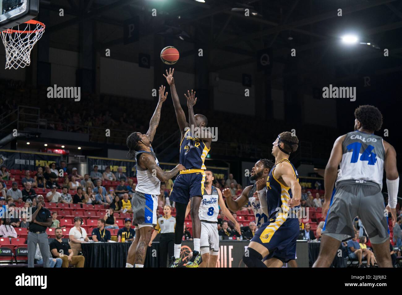 Edmonton, Alberta, Canada. 23rd July, 2022. TRAHSON BURRELL (12) of the Edmonton Stingers in action during a regular season Cebl match up where the Edmonton Stingers hosted the Guelph Nighthawks at Edmonton Expo Centre in Edmonton, Alberta. (Credit Image: © Matthew Helfrich/ZUMA Press Wire) Stock Photo