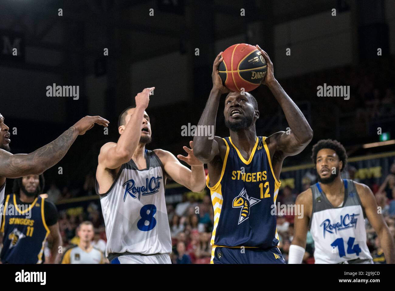 Edmonton, Alberta, Canada. 23rd July, 2022. TRAHSON BURRELL (12) of the Edmonton Stingers in action during a regular season Cebl match up where the Edmonton Stingers hosted the Guelph Nighthawks at Edmonton Expo Centre in Edmonton, Alberta. (Credit Image: © Matthew Helfrich/ZUMA Press Wire) Stock Photo
