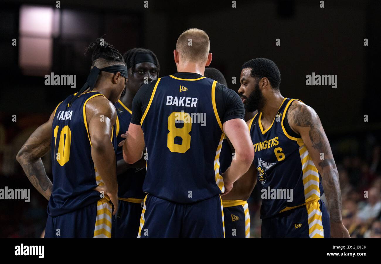 Edmonton, Alberta, Canada. 23rd July, 2022. The Edmonton stinger discuss there game plan during a regular season Cebl match up where the Edmonton Stingers hosted the Guelph Nighthawks at Edmonton Expo Centre in Edmonton, Alberta. (Credit Image: © Matthew Helfrich/ZUMA Press Wire) Stock Photo