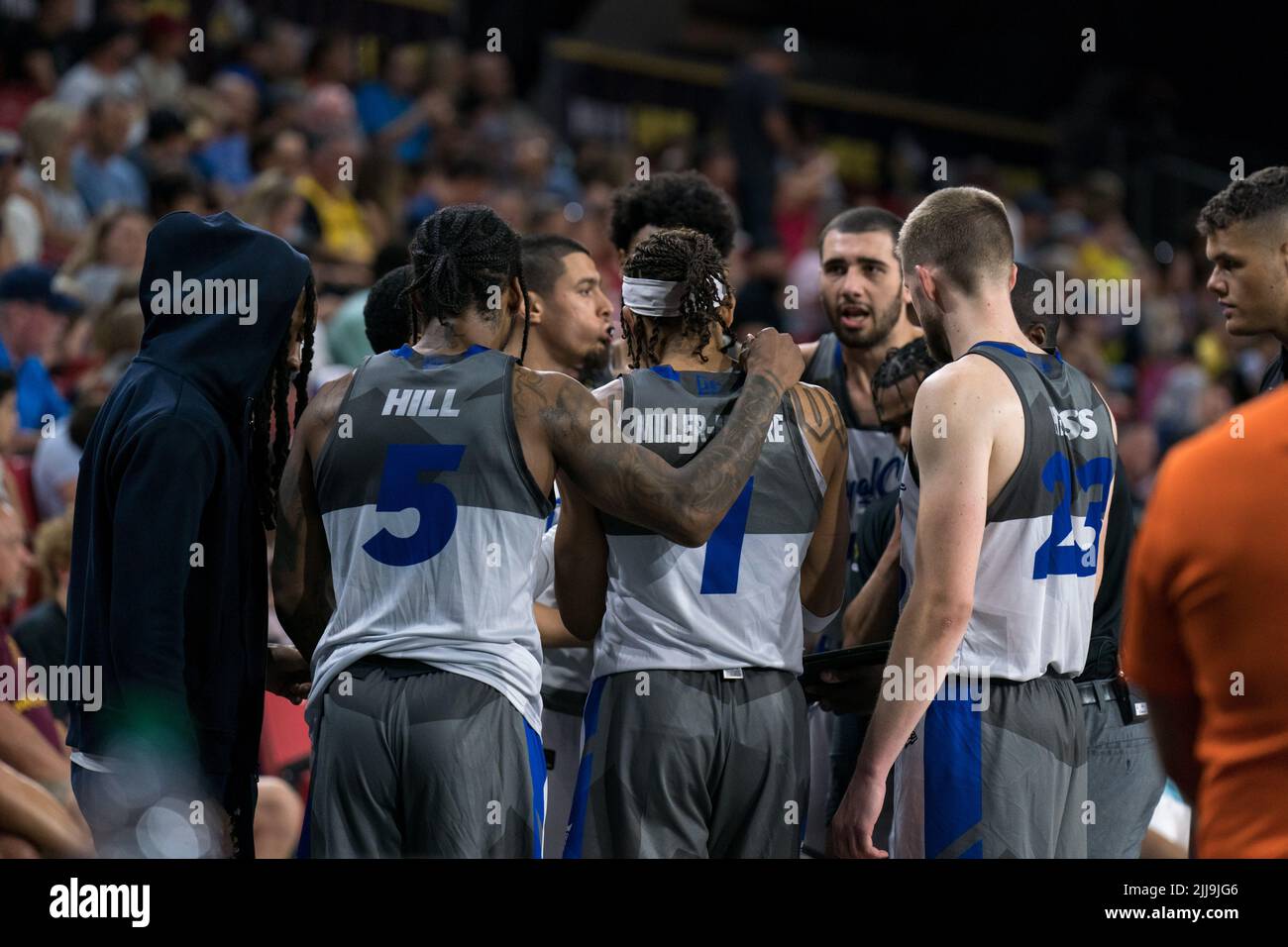 Edmonton, Alberta, Canada. 23rd July, 2022. The Guelph Nighthawks in action during a regular season Cebl match up where the Edmonton Stingers hosted the Guelph Nighthawks at Edmonton Expo Centre in Edmonton, Alberta. (Credit Image: © Matthew Helfrich/ZUMA Press Wire) Stock Photo