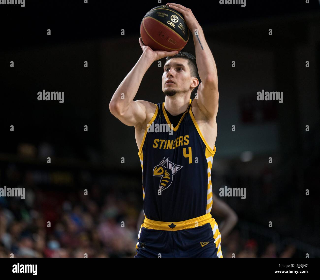 Edmonton, Alberta, Canada. 23rd July, 2022. DAVID PEKAREK (4) of the Edmonton Stingers in action during a regular season Cebl match up where the Edmonton Stingers hosted the Guelph Nighthawks at Edmonton Expo Centre in Edmonton, Alberta. (Credit Image: © Matthew Helfrich/ZUMA Press Wire) Stock Photo