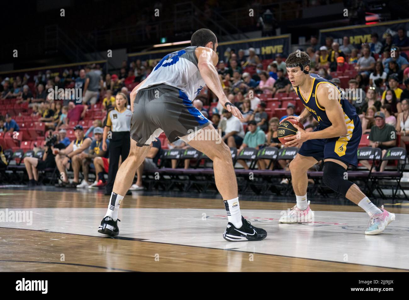 Edmonton, Alberta, Canada. 23rd July, 2022. BRODY CLARKE (14) of the Edmonton Stingers in action during a regular season Cebl match up where the Edmonton Stingers hosted the Guelph Nighthawks at Edmonton Expo Centre in Edmonton, Alberta. (Credit Image: © Matthew Helfrich/ZUMA Press Wire) Stock Photo