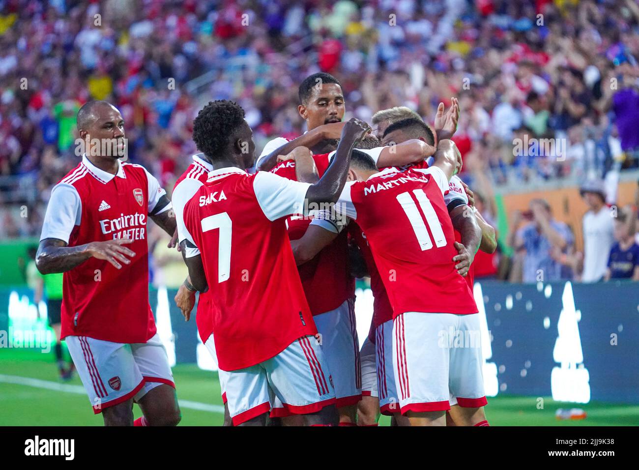Orlando, Florida, USA, July 23, 2022, Arsenal FC celebrate after scoring against Chelsea at Camping World Stadium in a Friendly Match.  (Photo Credit:  Marty Jean-Louis) Stock Photo