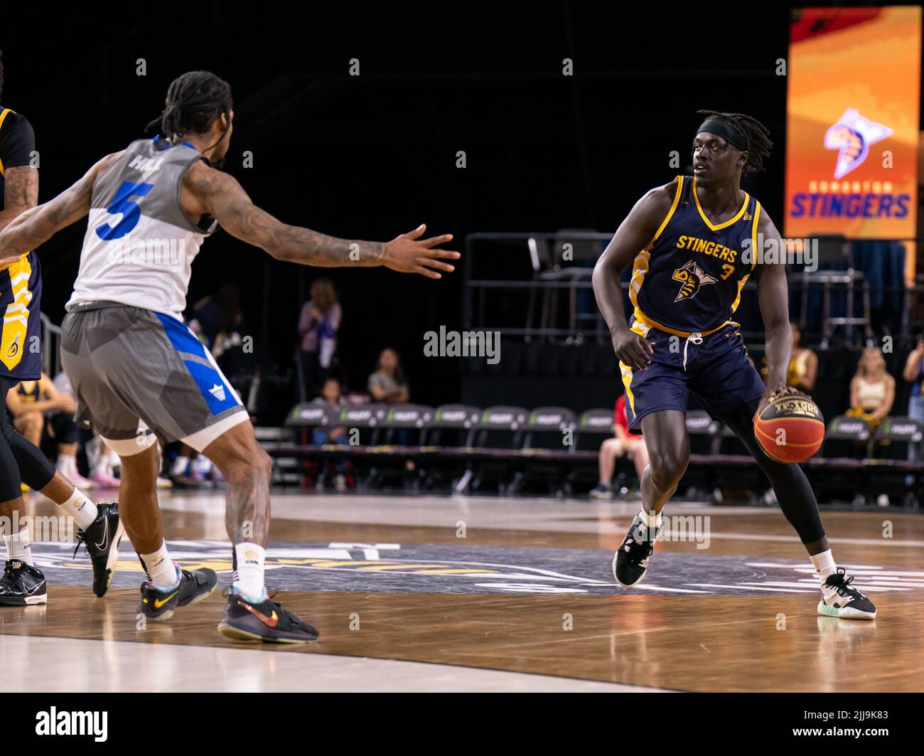 Edmonton, Alberta, Canada. 23rd July, 2022. AHER UGUAK (3) of the Edmonton Stingers in action during a regular season Cebl match up the Edmonton Stingers hosted the Guelph Nighthawks at Edmonton Expo Centre in Edmonton, Alberta. (Credit Image: © Matthew Helfrich/ZUMA Press Wire) Stock Photo