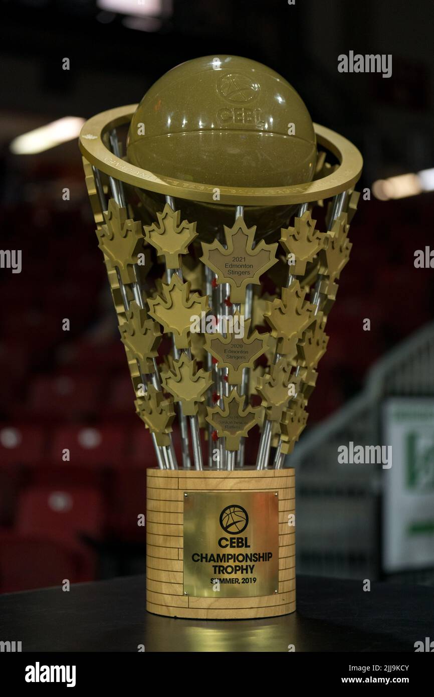 Edmonton, Alberta, Canada. 23rd July, 2022. The Cebl Championship trophy sits on display during a regular season Cebl match up where the Edmonton Stingers hosted the Guelph Nighthawks at Edmonton Expo Centre in Edmonton, Alberta. (Credit Image: © Matthew Helfrich/ZUMA Press Wire) Stock Photo