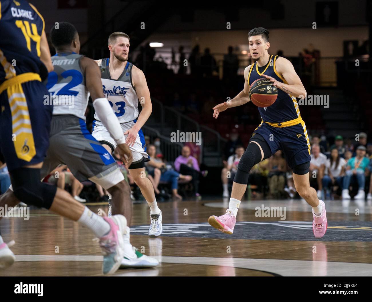 Edmonton, Alberta, Canada. 23rd July, 2022. DAVID PEKAREK (4) of the Edmonton Stingers runs forward during a regular season Cebl match up where the Edmonton Stingers hosted the Guelph Nighthawks at Edmonton Expo Centre in Edmonton, Alberta. (Credit Image: © Matthew Helfrich/ZUMA Press Wire) Stock Photo