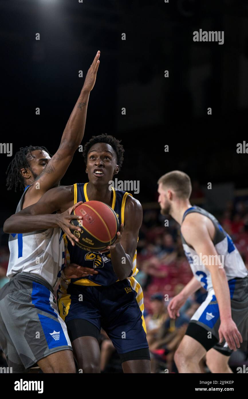 Edmonton, Alberta, Canada. 23rd July, 2022. NTORE HABLMANA (28) of the Edmonton Stingers in action during a regular season Cebl match up where the Edmonton Stingers hosted the Guelph Nighthawks at Edmonton Expo Centre in Edmonton, Alberta. (Credit Image: © Matthew Helfrich/ZUMA Press Wire) Stock Photo
