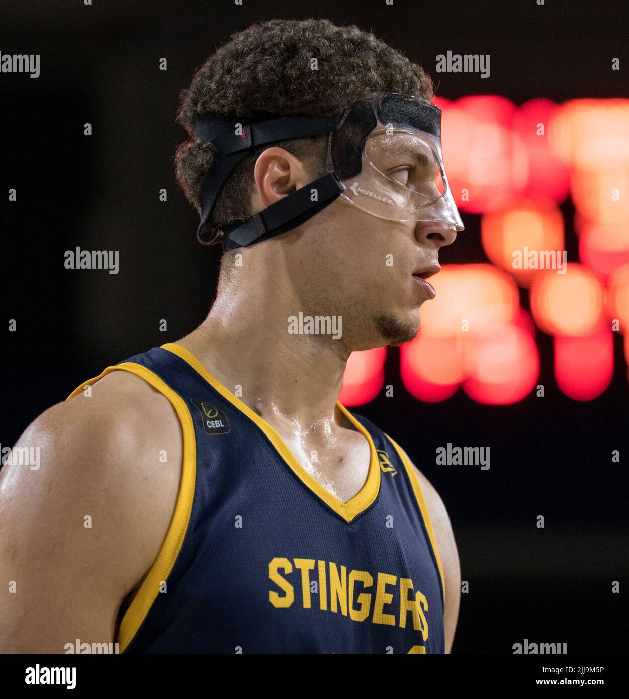 Edmonton, Alberta, Canada. 23rd July, 2022. BRODY CLARKE (14) of the Edmonton Stingers looks on during a regular season Cebl match up where the Edmonton Stingers hosted the Guelph Nighthawks at Edmonton Expo Centre in Edmonton, Alberta. (Credit Image: © Matthew Helfrich/ZUMA Press Wire) Stock Photo