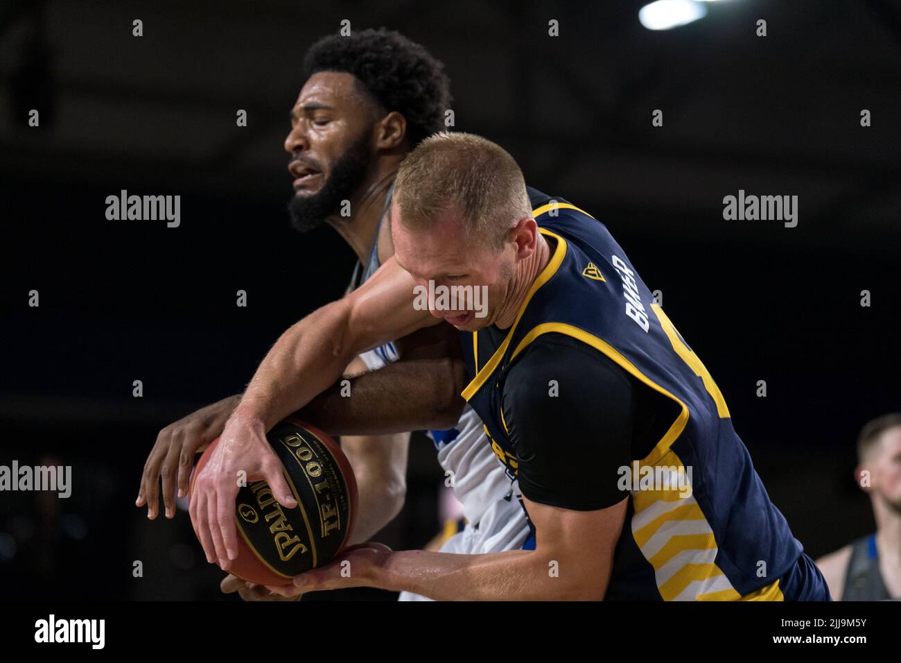 Edmonton, Alberta, Canada. 23rd July, 2022. JORDAN BAKER (8) of the Edmonton Stingers in action during a regular season Cebl match up where the Edmonton Stingers hosted the Guelph Nighthawks at Edmonton Expo Centre in Edmonton, Alberta. (Credit Image: © Matthew Helfrich/ZUMA Press Wire) Stock Photo