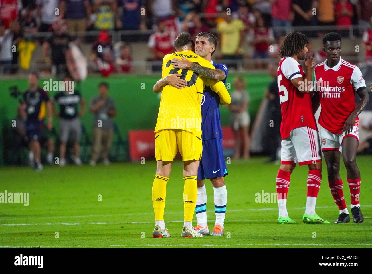 Orlando, Florida, USA, July 23, 2022, Chelsea Forward Christian Pulisic #10 and Arsenal Goalkeeper Matt Turne #30 share a hug and the end of the match at Camping World Stadium in a Friendly Match.  (Photo Credit:  Marty Jean-Louis) Stock Photo