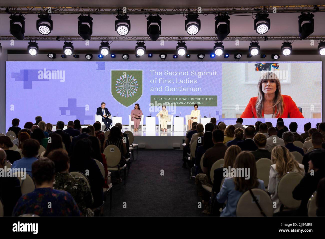 Kyiv, Ukraine. 23rd July, 2022. Spanish First Lady Begona Gomez joins a panel by remote link, at the 2nd annual Summit of First Ladies and Gentlemen on the grounds of the Saint Sophia Cathedral, July 23, 2022 in Kyiv, Ukraine. Onstage left to right are: TV presenter Piers Morgan, First Lady of Lithuania Diana Nausedene, Ukraine First Lady Olena Zelenska and First Lady of Latvia Andra Levite. Credit: Ukrainian Presidential Press Office/Ukraine Presidency/Alamy Live News Stock Photo