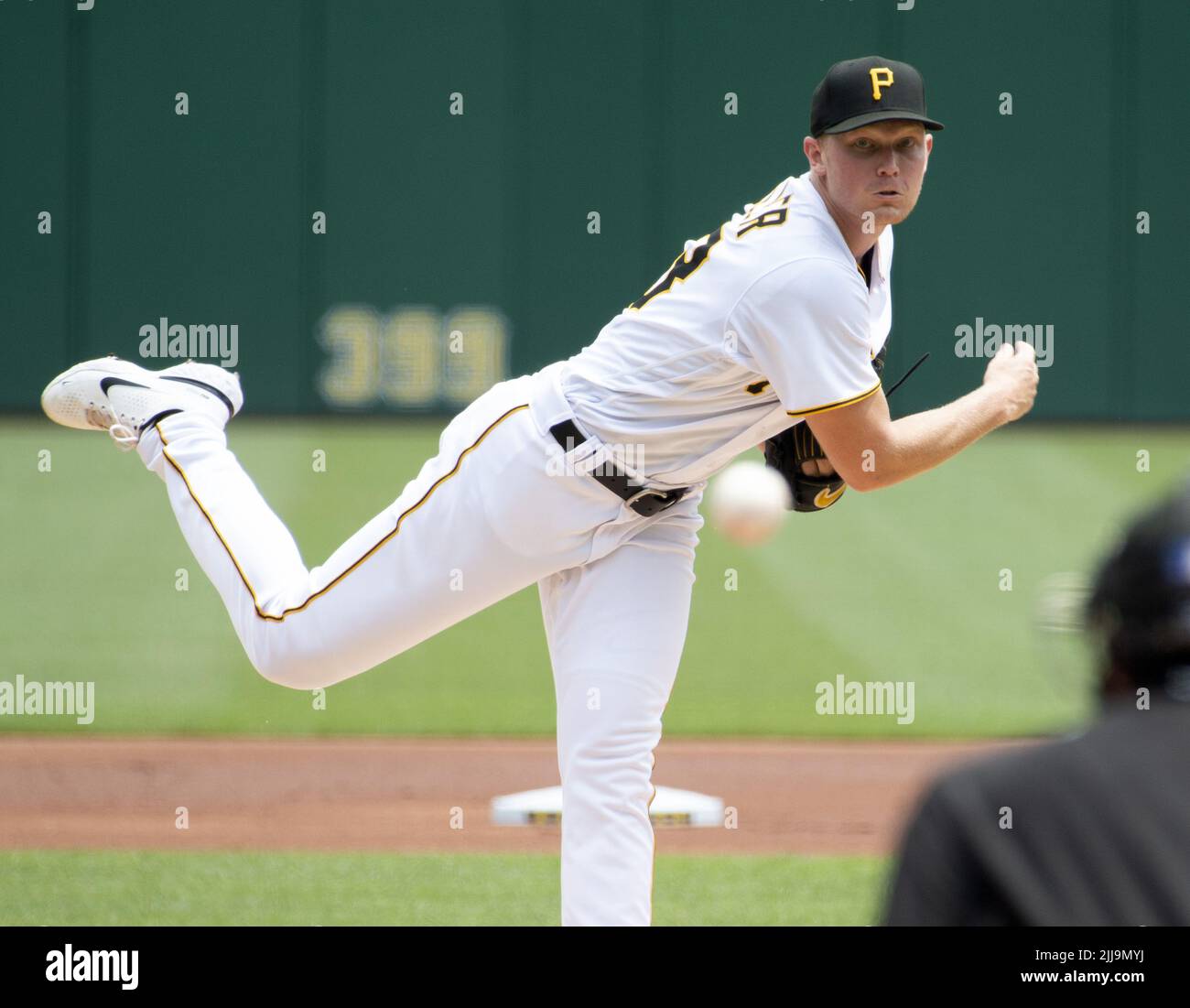 Pittsburgh, United States. 24th July, 2022. Pittsburgh Pirates starting pitcher Mitch Keller (23) throws in the first inning against the Miami Marlins at PNC Park on Sunday July 24, 2022 in Pittsburgh. Photo by Archie Carpenter/UPI Credit: UPI/Alamy Live News Stock Photo