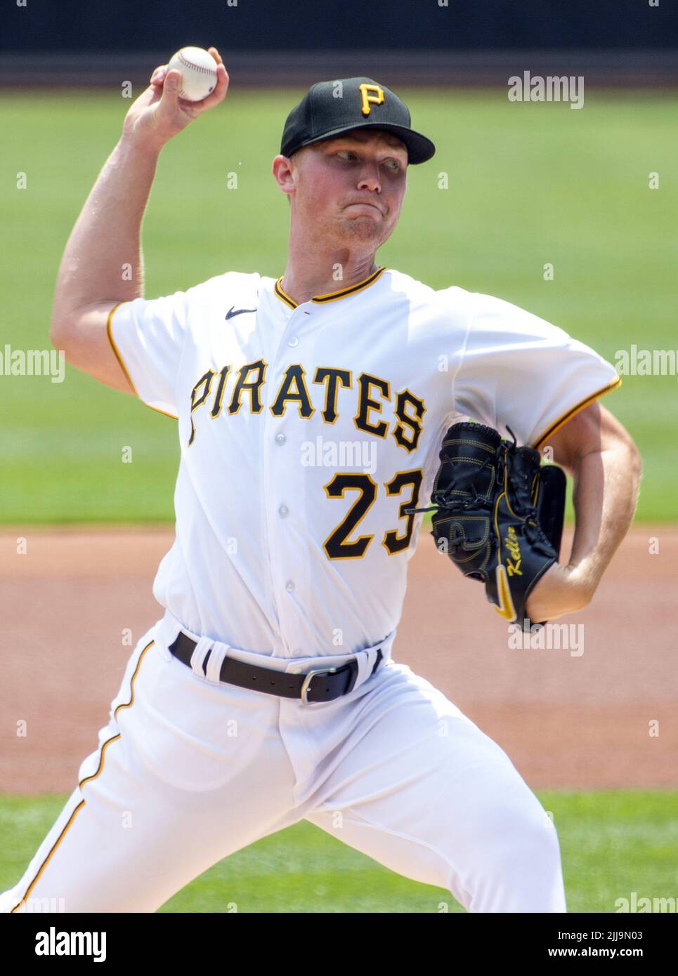 Pittsburgh, United States. 24th July, 2022. Pittsburgh Pirates starting pitcher Mitch Keller (23) throws in the first inning against the Miami Marlins at PNC Park on Sunday July 24, 2022 in Pittsburgh. Photo by Archie Carpenter/UPI Credit: UPI/Alamy Live News Stock Photo