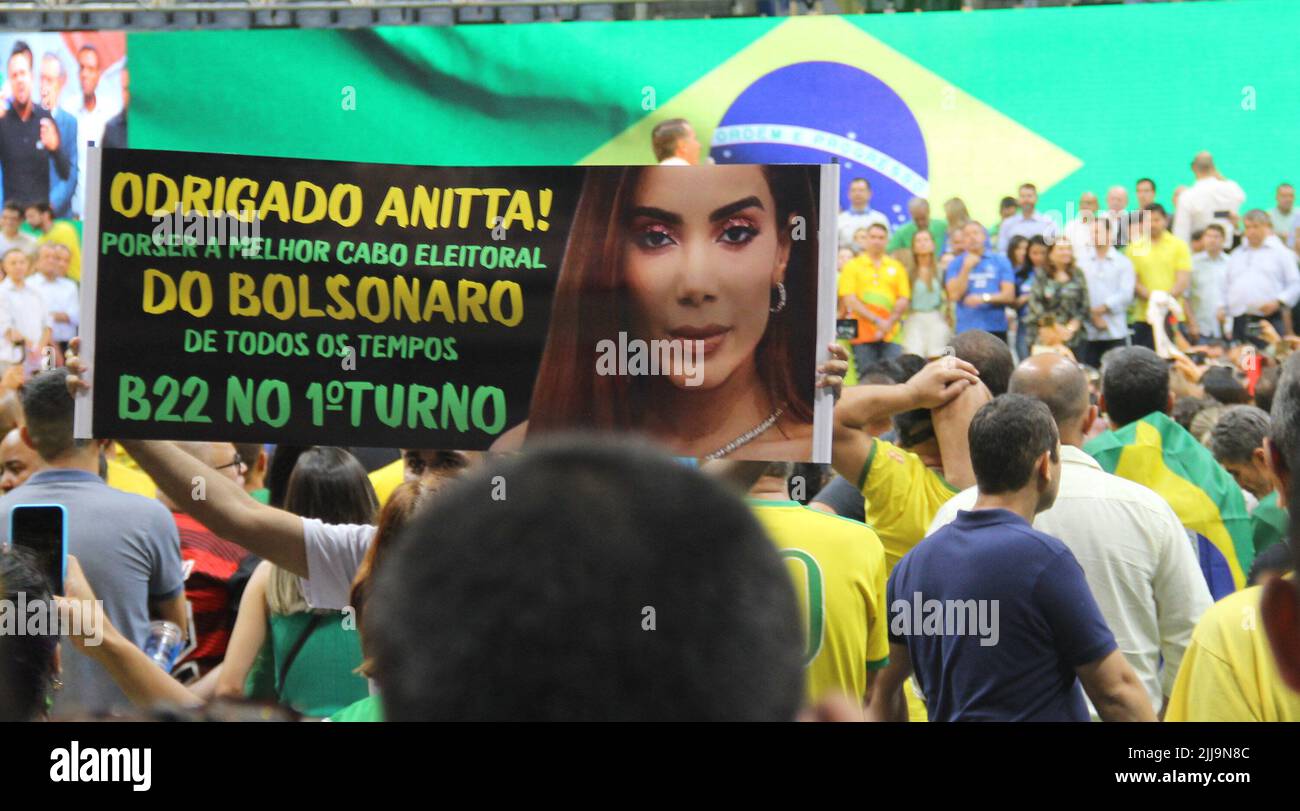 Rio de Janeiro, Rio de Janeiro, Brasil. 24th July, 2022. (INT) Official Launching for Re-election of Jair Bolsonaro as President of Brazil. July 24, 2022, Rio de Janeiro, Brazil: Launch ceremony of the candidacy of President of Brazil, Jair Messias Bolsonaro (PL) for re-election, held at Maracanazinho gymnasium, in Rio de Janeiro with the presence of his wife, Michelle and party members. Bolsonaro said the Ã¢â‚¬Å“army is on his sideÃ¢â‚¬Â during his speech and also focused on God, guns and family. (Credit Image: © Fausto Maia/TheNEWS2 via ZUMA Press Wire) Stock Photo