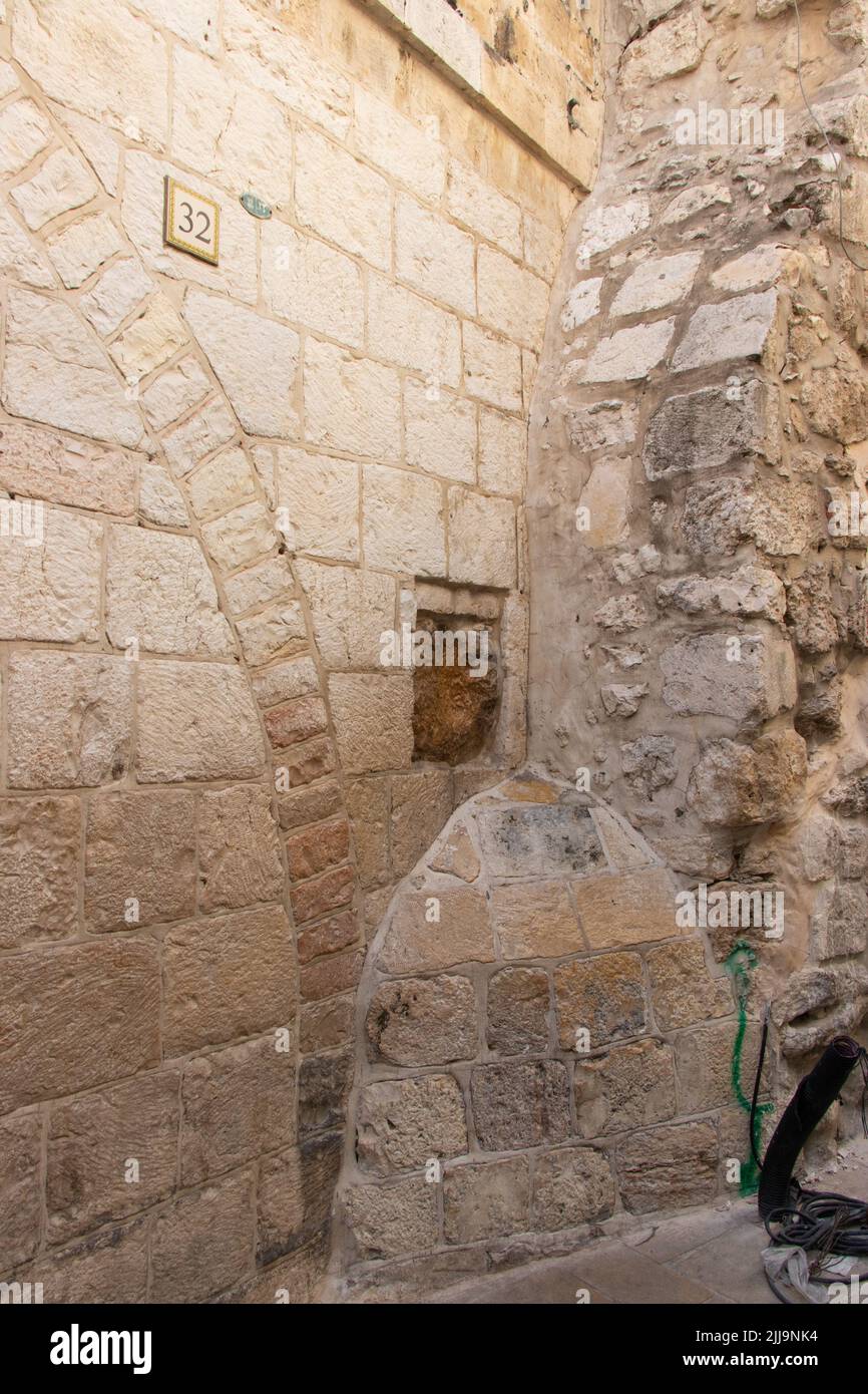 Handprint of Jesus on stone in the fifth station of Via Dolorosa - Jerusalem, Israel. Holy places Stock Photo