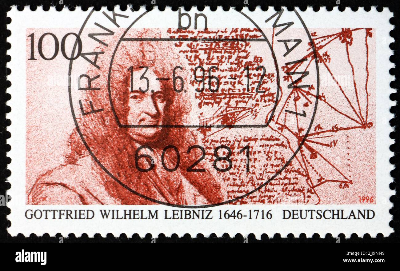 GERMANY - CIRCA 1996: a stamp printed in Germany shows Gottfried Wilhelm Leibniz (1646-1716), philosopher and mathematician, circa 1996 Stock Photo