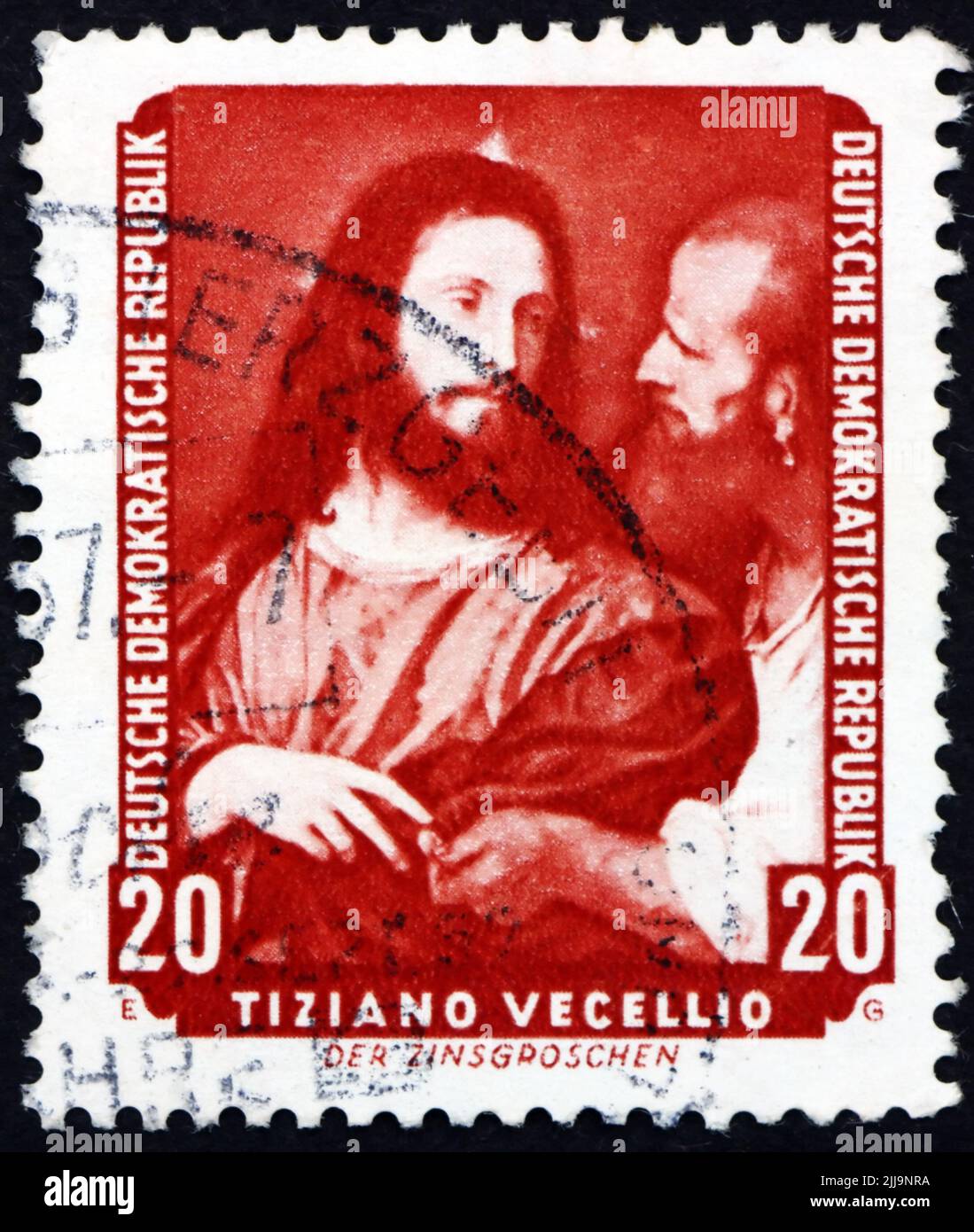 GERMANY - CIRCA 1957: a stamp printed in Germany shows The Tribute Money, Painting by Titian, an Italian Painter, circa 1957 Stock Photo
