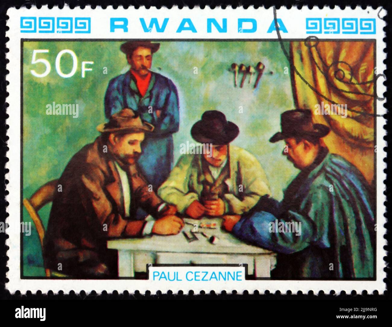 RWANDA - CIRCA 1980: a stamp printed in Rwanda shows The Card Players, Painting by Paul Cezanne, French Painter, circa 1980 Stock Photo