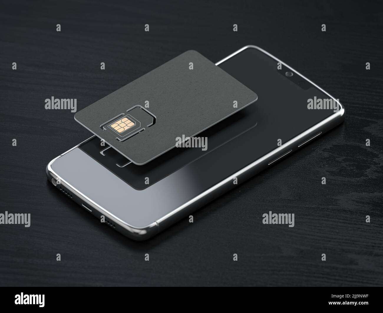 Blank black SIM smart card and mobile phone or smartphone on black table. Mock up. 3d illustration Stock Photo