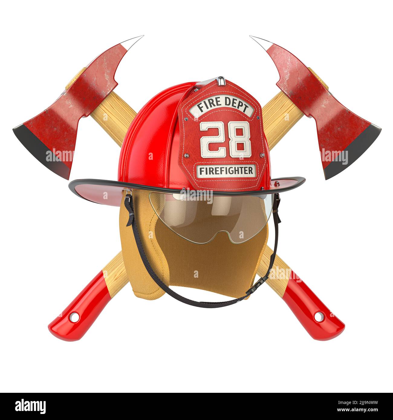 Fire Deprtment Emblem. Firefighter badge on a helmet with fire extinguisher and axe. 3d illustration Stock Photo