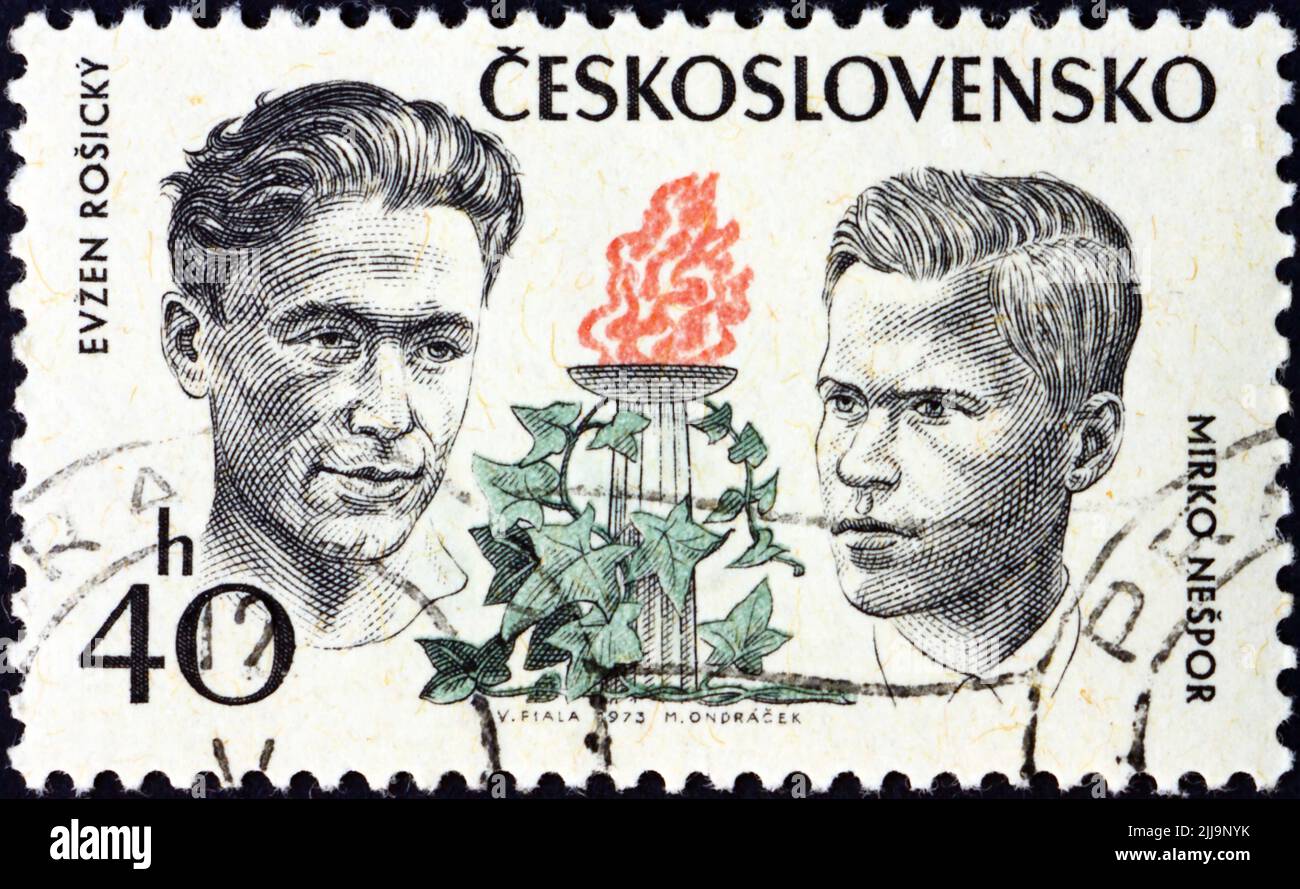 CZECHOSLOVAKIA - CIRCA 1973: a stamp printed in Czechoslovakia shows Evzen Rosicky and Mirko Nespor, and ivy leaves, Czechoslovak Martyrs during World Stock Photo