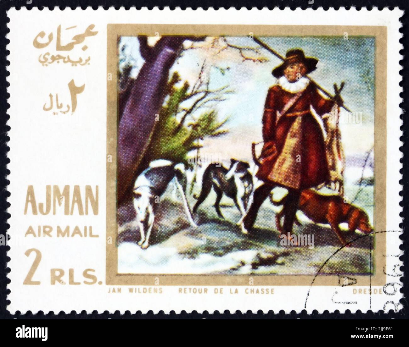 AJMAN - CIRCA 1968: a stamp printed in Ajman shows winter landscape with hunter, painting by Jan Wildens, Flemish painter, circa 1968 Stock Photo