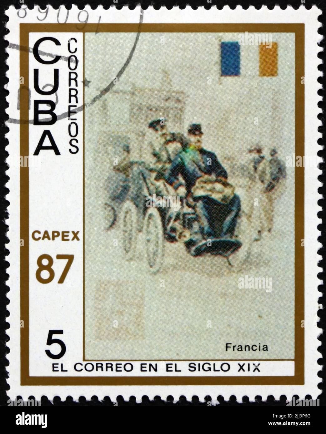 CUBA - CIRCA 1987: a stamp printed in Cuba shows early p.o. automobile from France, pictured on cigarette cards, circa 1987 Stock Photo