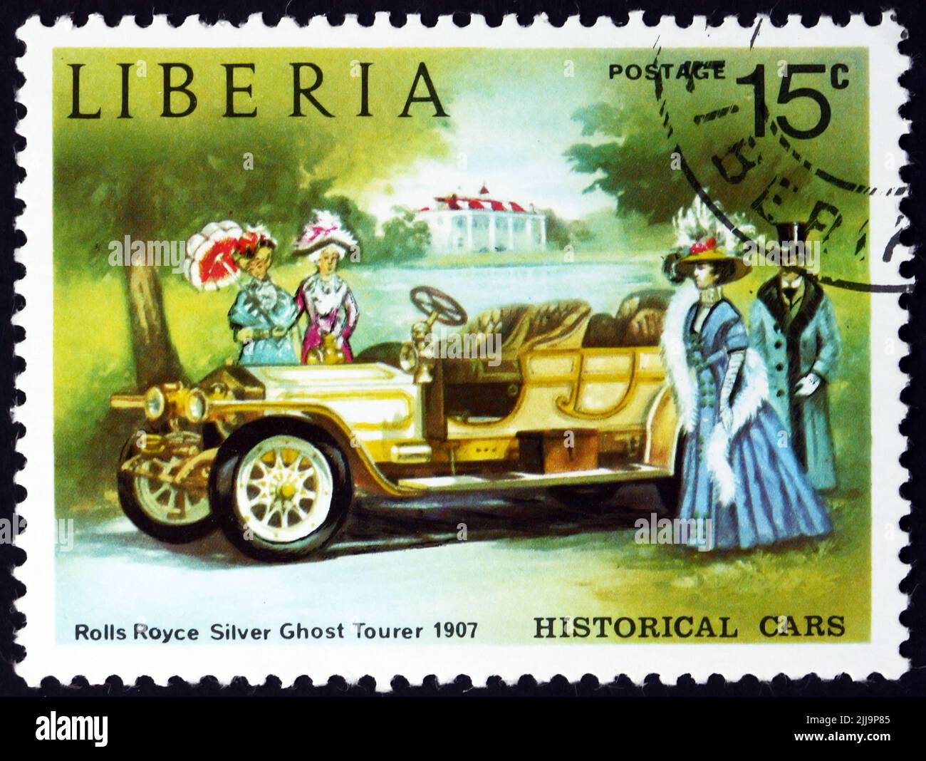 LIBERIA - CIRCA 1973: a stamp printed in Liberia shows Rolls Royce Silver Ghost Tourer, 1907, classic automobile, circa 1973 Stock Photo