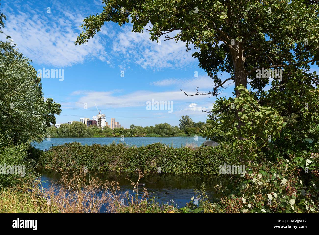 The Coppermill Stream and reservoir on Walthamstow Wetlands, north London UK, in summer Stock Photo